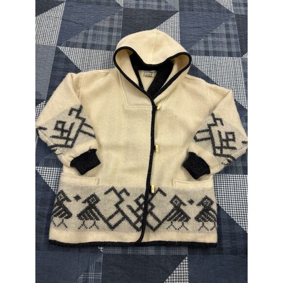 Vintage 90s Alafoss Icelandic Sweater Ivory‎ Charcoal Gray Hooded Wool Mens Sz M - Picture 1 of 10